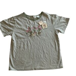 Emerald Isle Floral Embroidered Striped T-Shirt Womens Small Moss Green NWT